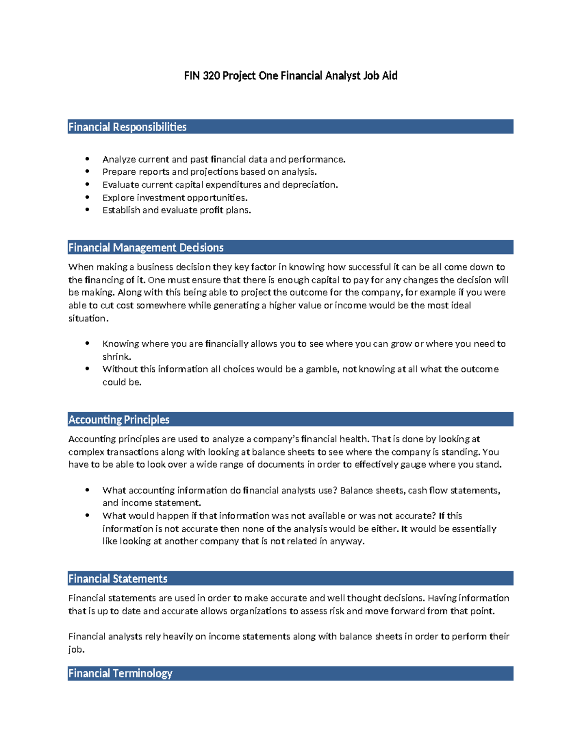 FIN 320 Project One Financial Analyst Job Aid - Prepare Reports And ...