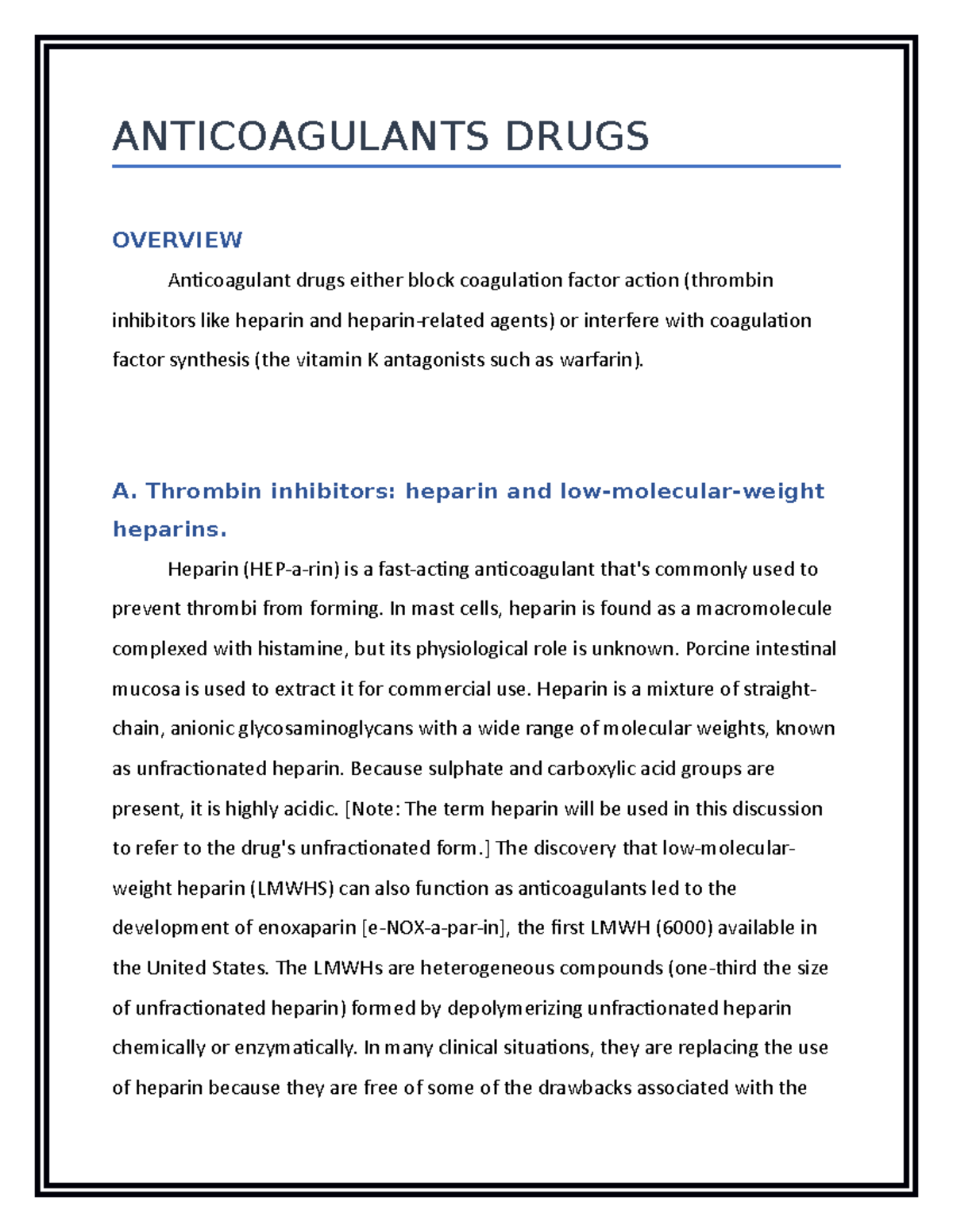 AN Overview OF Anticoagulants Drugs - ANTICOAGULANTS DRUGS OVERVIEW ...