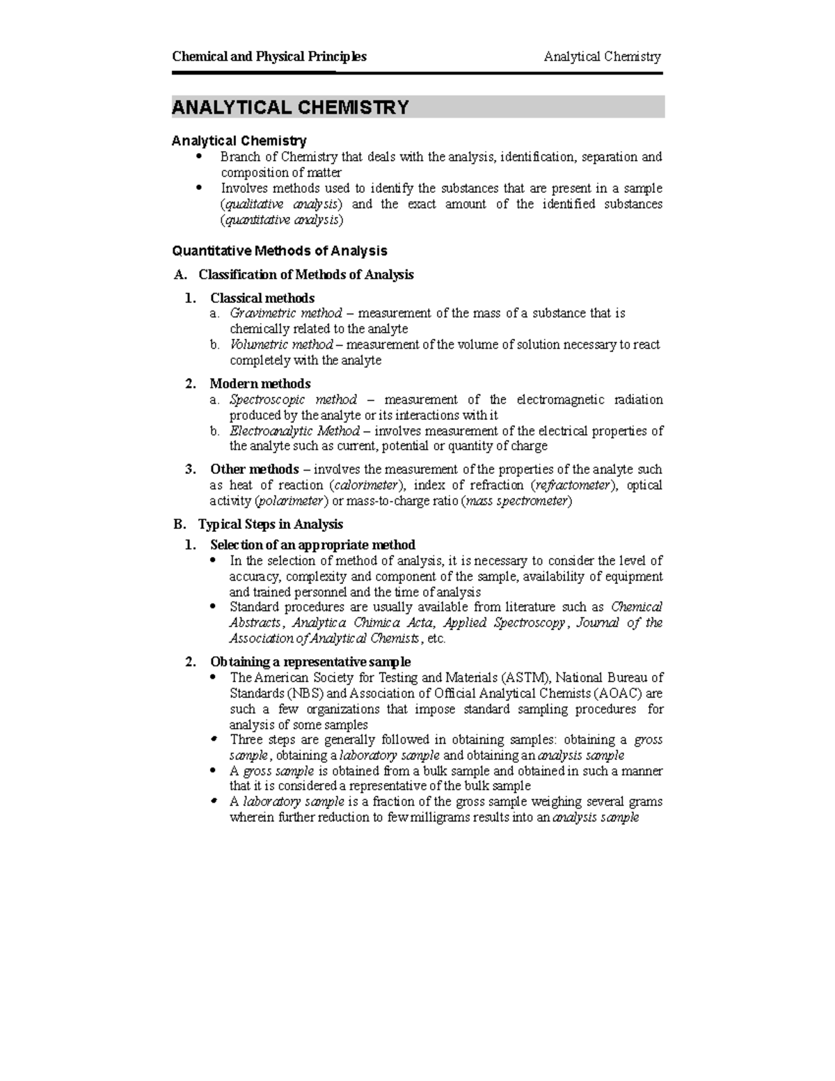 Analytical Chemistry Notes - ANALYTICAL CHEMISTRY Analytical Chemistry ...