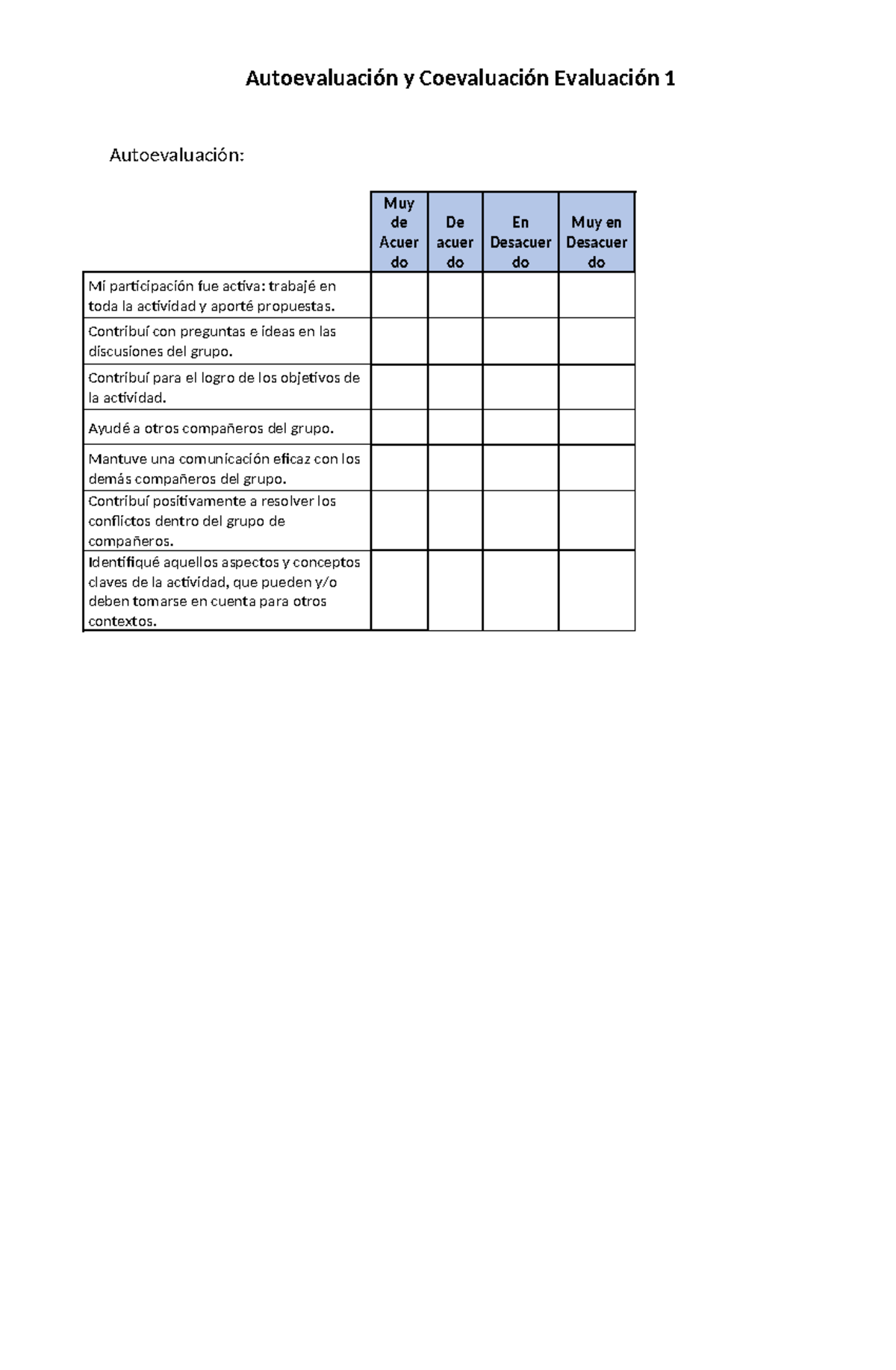 Autoevaluación y Coevaluación Evaluación 1 - Autoevaluación y ...