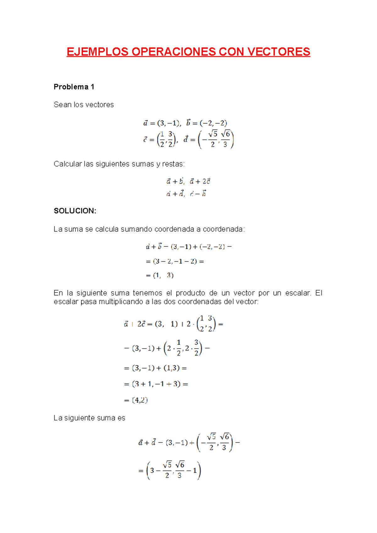 Ejemplos DE Vectores PARA Ecampus - EJEMPLOS OPERACIONES CON VECTORES ...