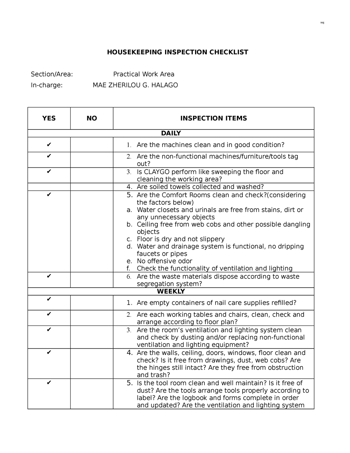 3.b. Housekeeping Inspection Checklist - asg HOUSEKEEPING INSPECTION ...