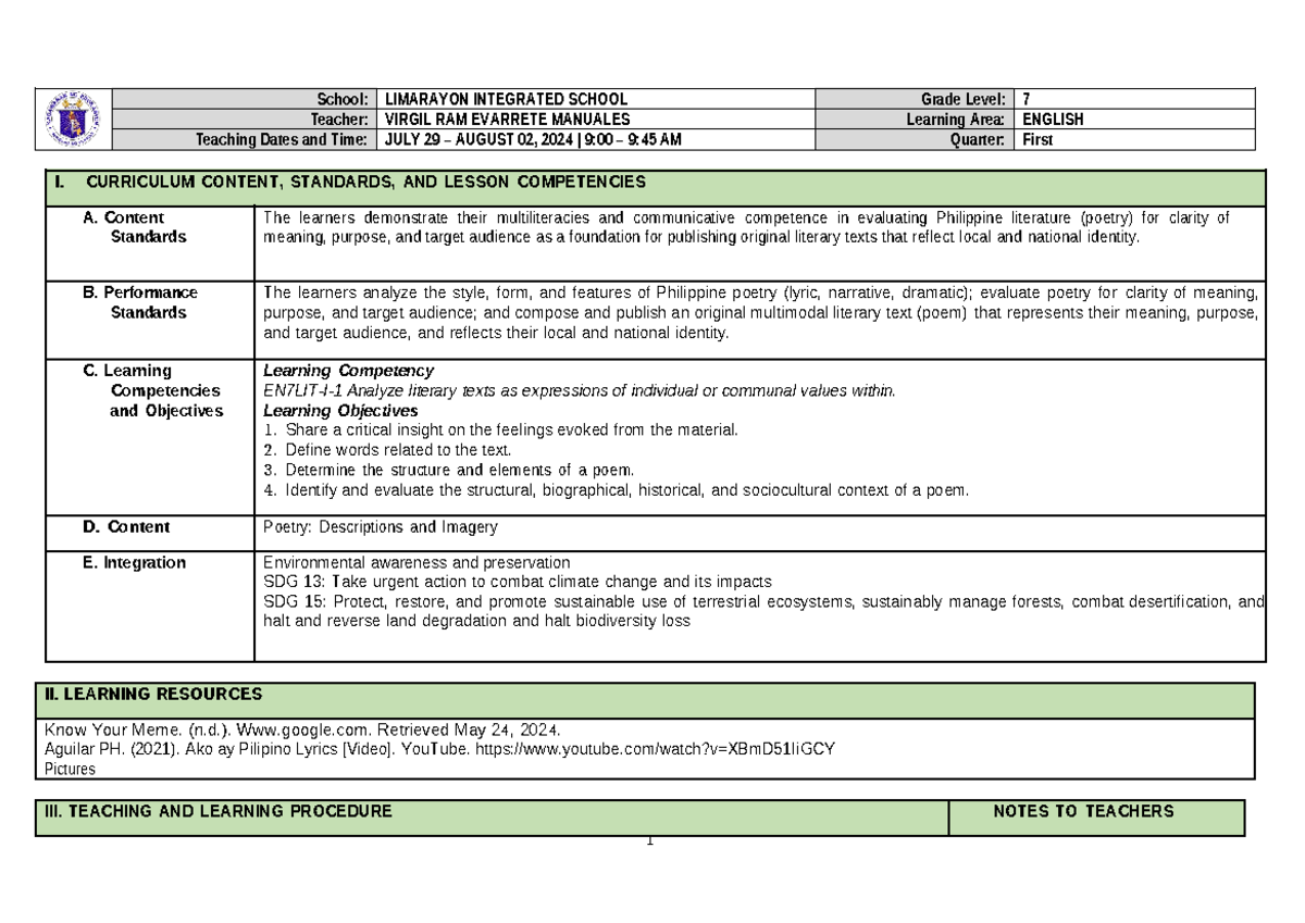 LE-1 - Lesson Exemplar for Grade7 englishE - School: LIMARAYON ...