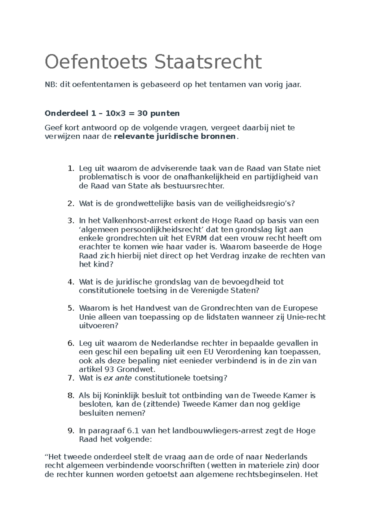 Oefentoets Staatsrecht - Onderdeel 1 – 10x3 = 30 Punten Geef Kort ...