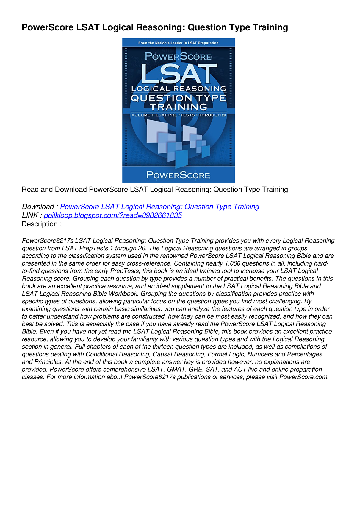 (PDF/DOWNLOAD) PowerScore LSAT Logical Reasoning: Question Type ...