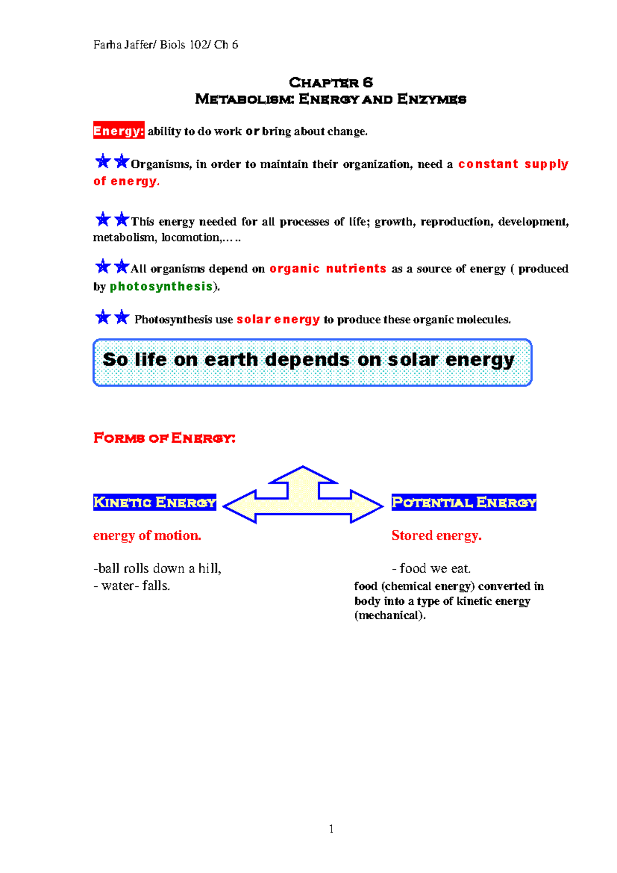 Chapter 6 outline - slides - Chapter 6 Metabolism: Energy and Enzymes ...