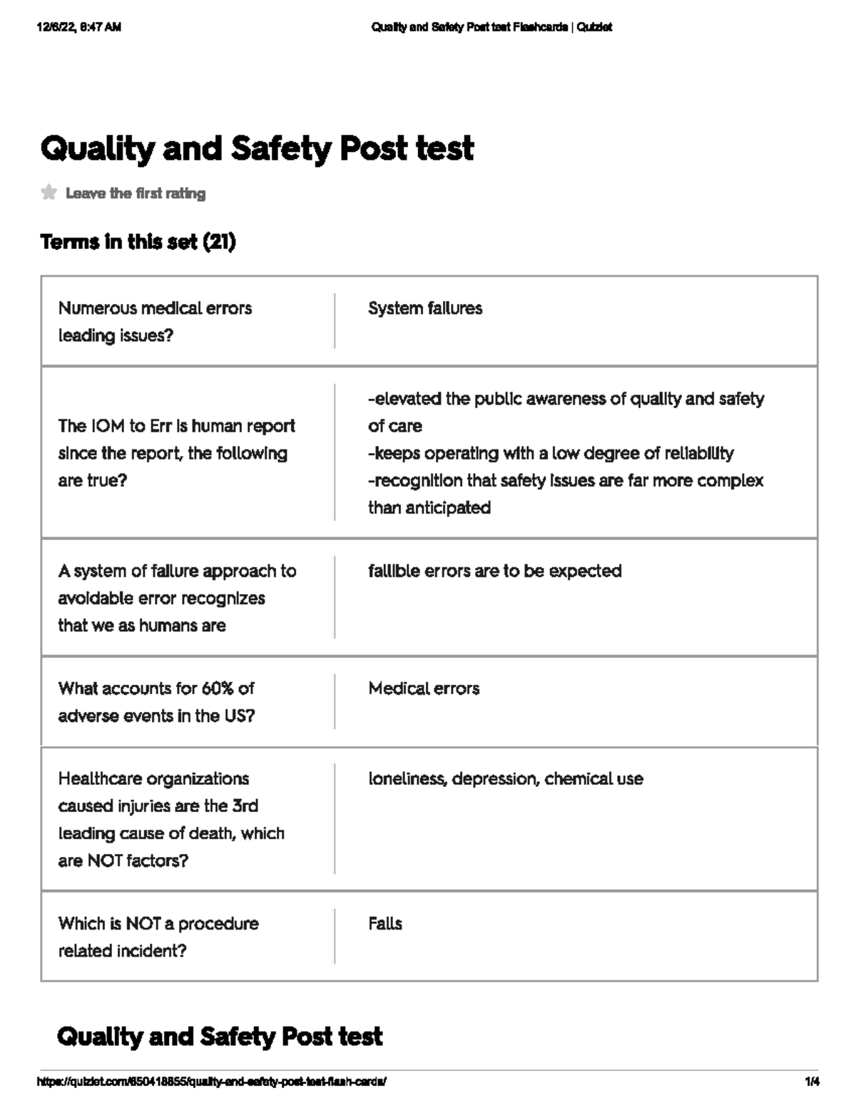 Quality and Safety Post Test NUR 2833 Studocu