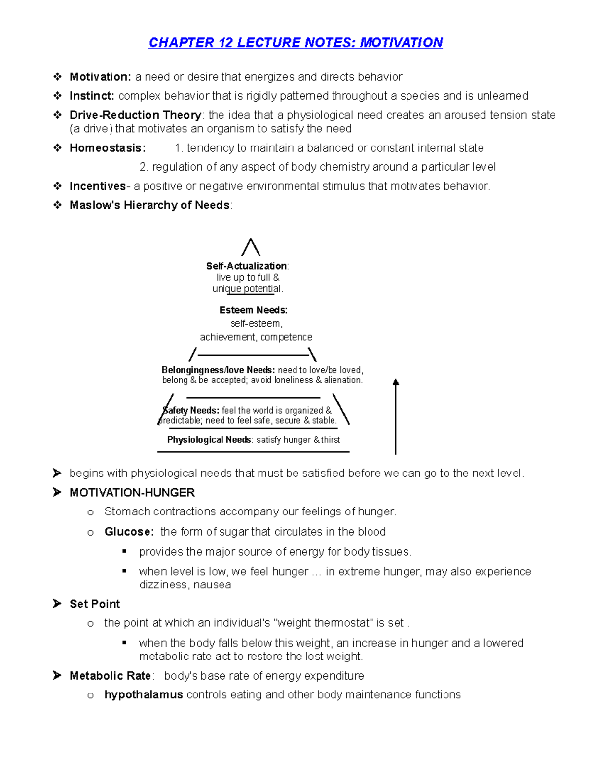 Ch12 Motivation - The-Story-of-Psychology-Notes - CHAPTER 12 LECTURE ...