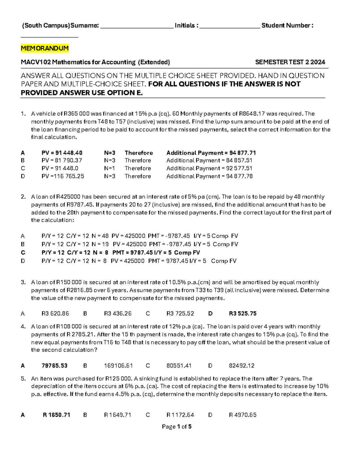 MACV102 2024 TEST 2 MEMO - (South Campus)Surname ...