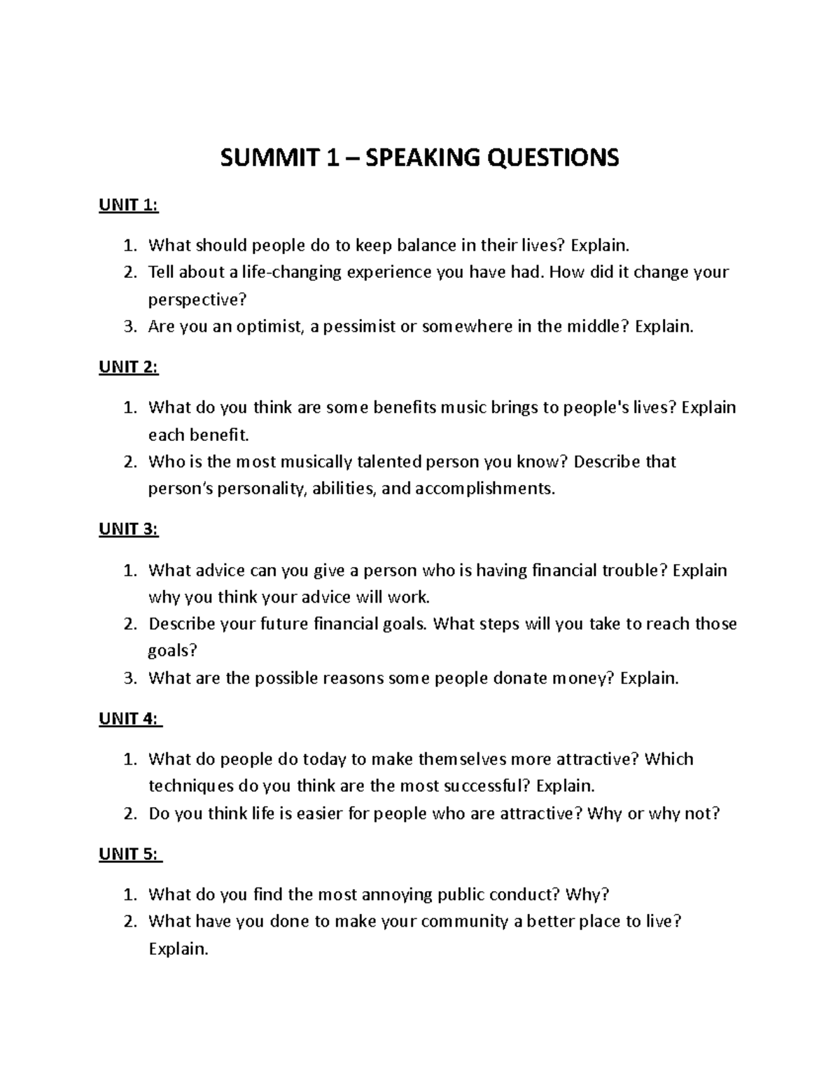 ENT403- Speaking- Questions - SUMMIT 1 – SPEAKING QUESTIONS UNIT 1 ...