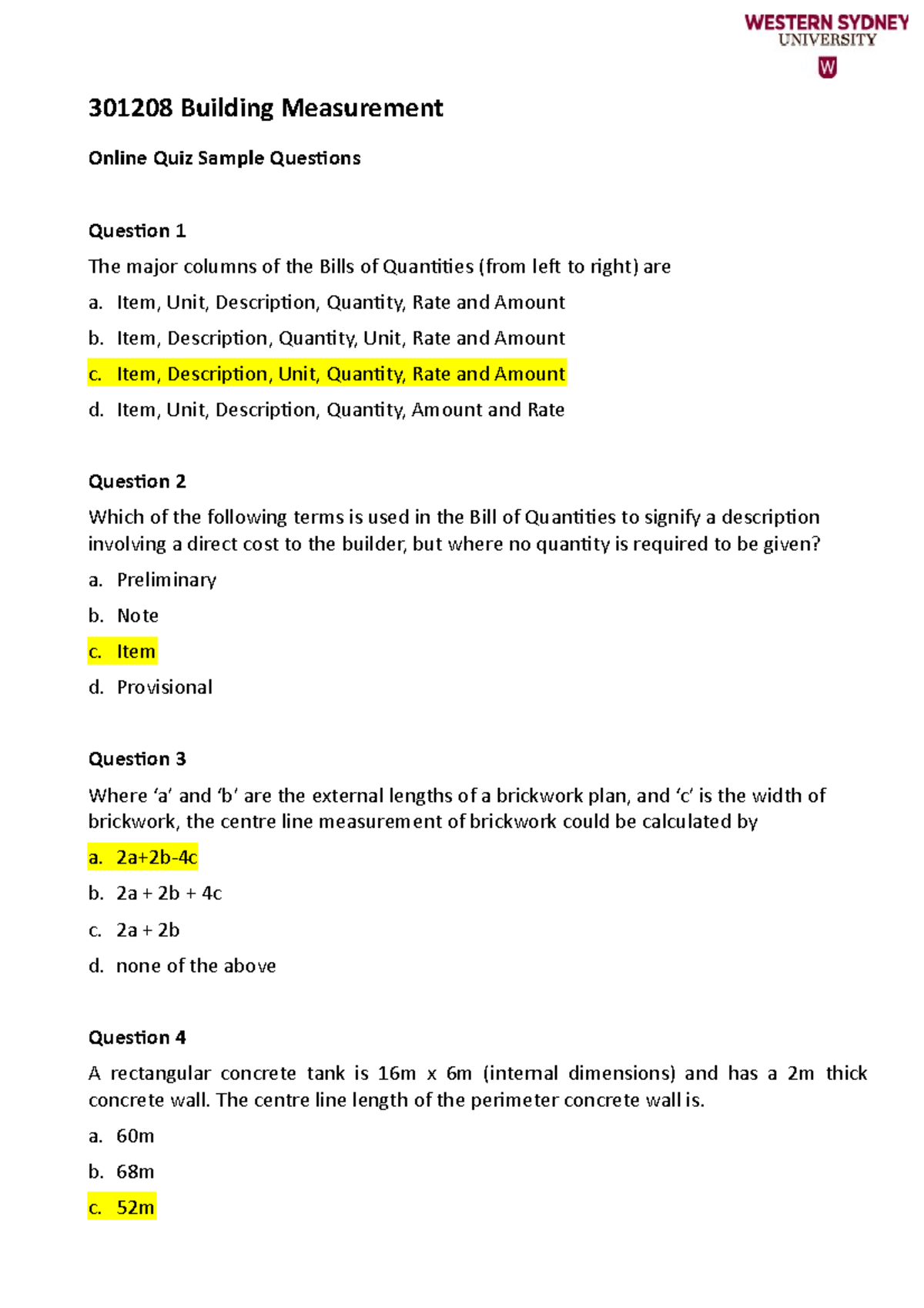 Online Quiz Sample Questions with Answers - 301208 Building Measurement ...