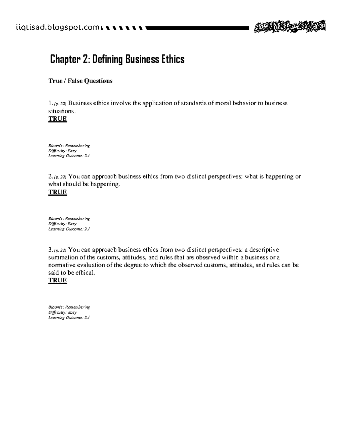 Chapter 02 - Test - Chapter 2: Defining Business Ethics True / False ...