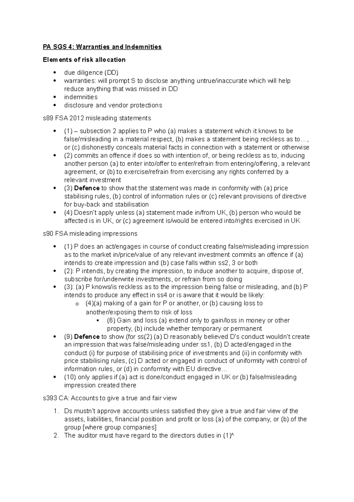 PA SGS 4 notes - PA SGS 4: Warranties and Indemnities Elements of risk ...