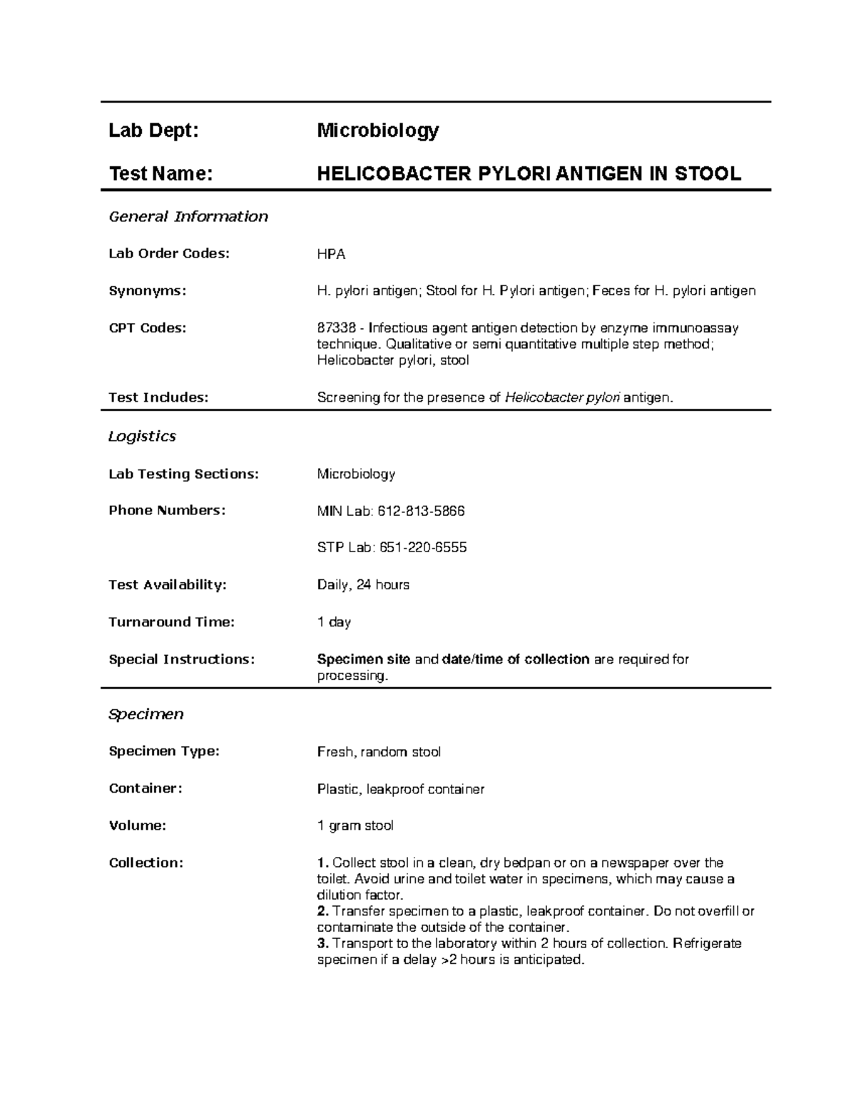 Hpylori Lab Dept Microbiology Test Name HELICOBACTER PYLORI ANTIGEN