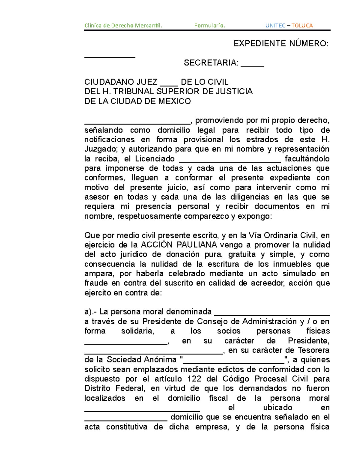 Demanda de acción pauliana - EXPEDIENTE NÚMERO: ______ SECRETARIA: _____  CIUDADANO JUEZ ____ DE - Studocu