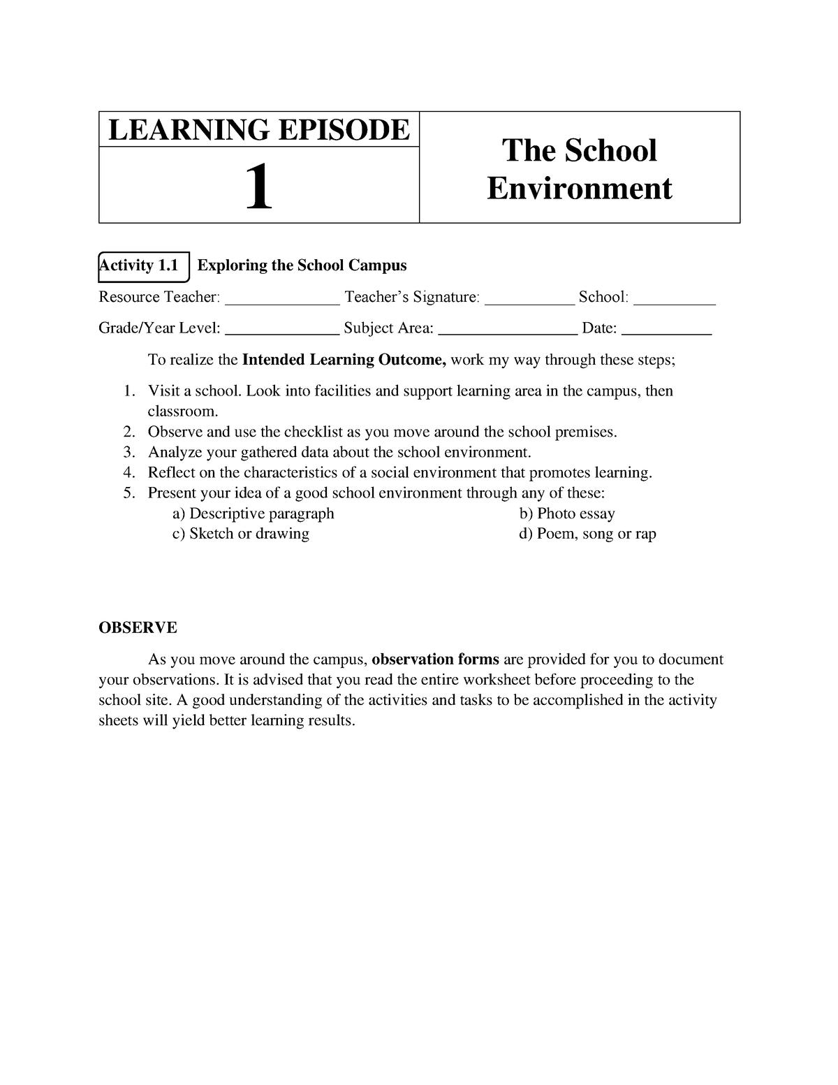 FS1 Complete Learning Episodes - Activity 1 Exploring The School Campus ...