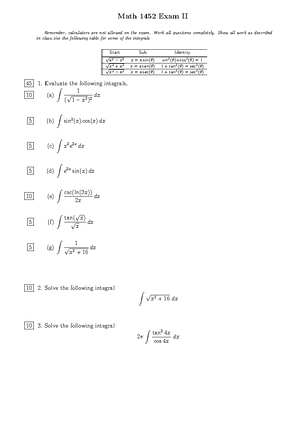 Calculus II Exam 1 - MATH 1452 - TTU - Studocu