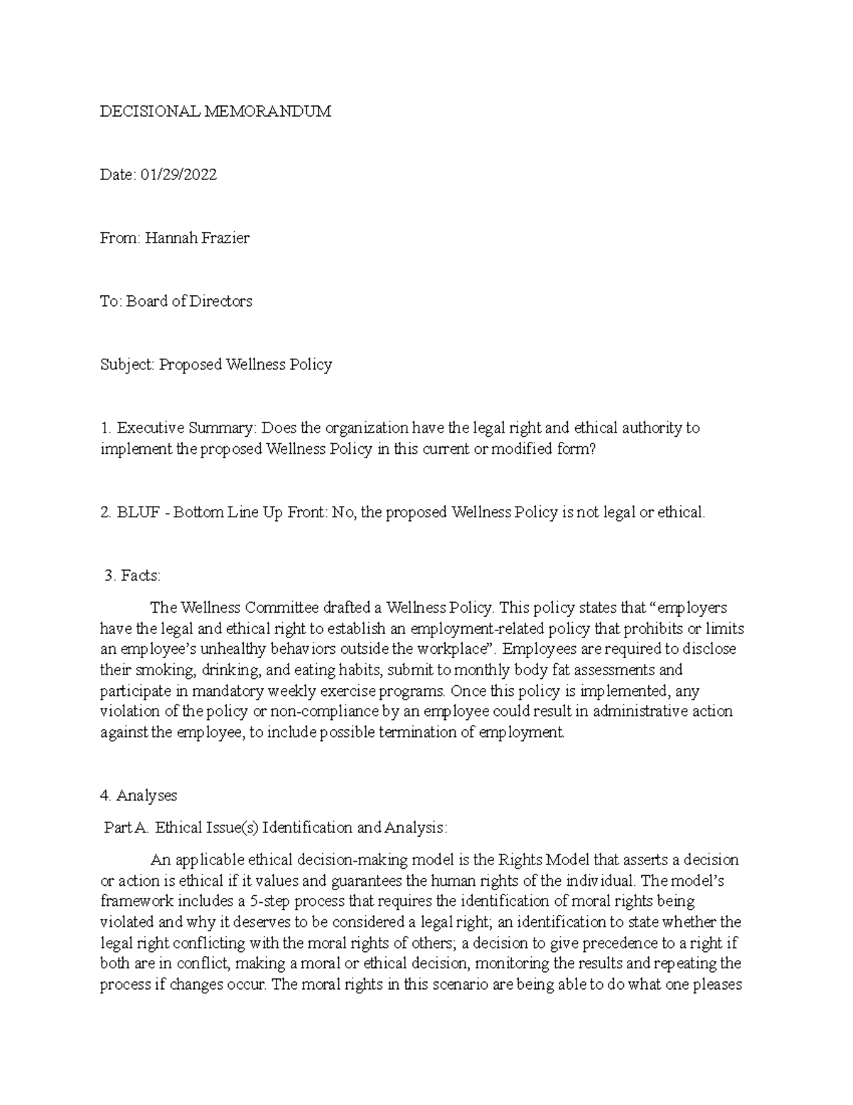 Wellness Policy Memorandum Frazier - DECISIONAL MEMORANDUM Date: 01/29 ...