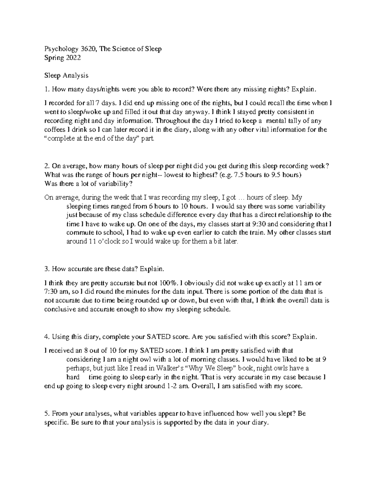 Sleep Diary Questions - Psychology 3620, The Science of Sleep Spring ...