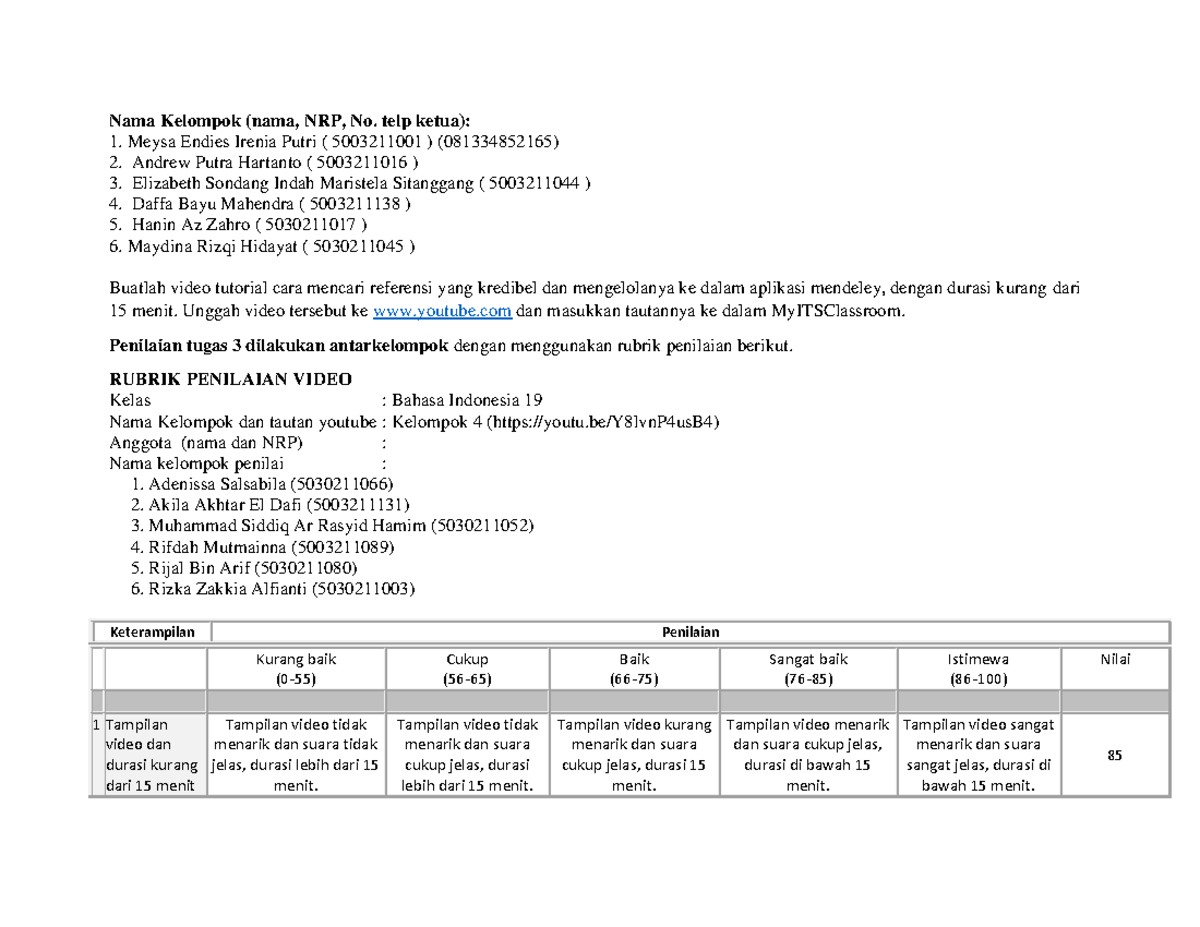 Rubrik Penilaian Video Kelompok 4 Oleh Kelompok 3 - Nama Kelompok (nama ...