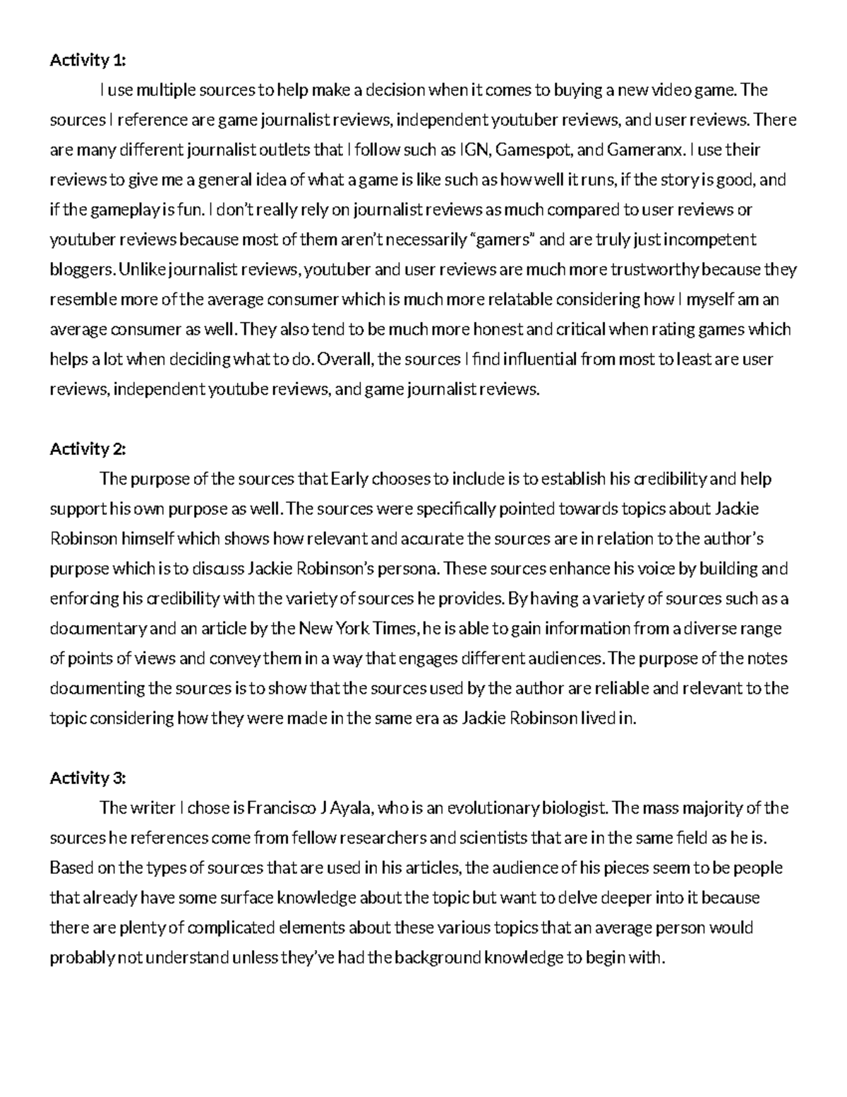 Synthesizing Sources Activities - Activity 1: I use multiple sources to ...