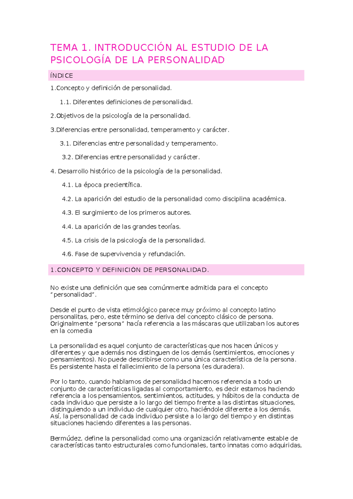 Tema 1 personalidad - TEMA 1. INTRODUCCIÓN AL ESTUDIO DE LA PSICOLOGÍA ...