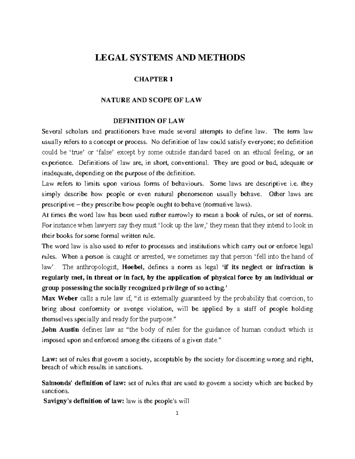 Legal Systems Lecture Notes(Nature and scope of law) LEGAL SYSTEMS