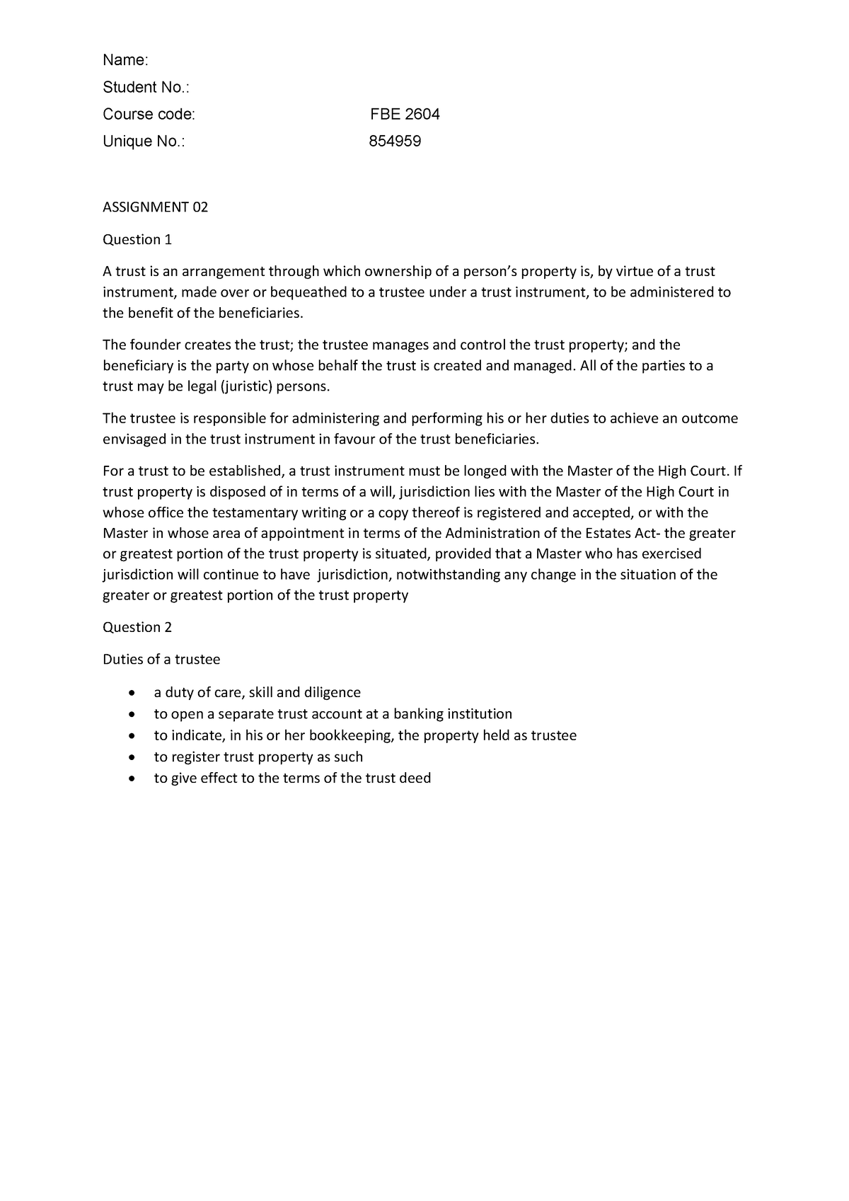 Assignment 2020 FBE semester 1 forms of business - Name: Student No ...