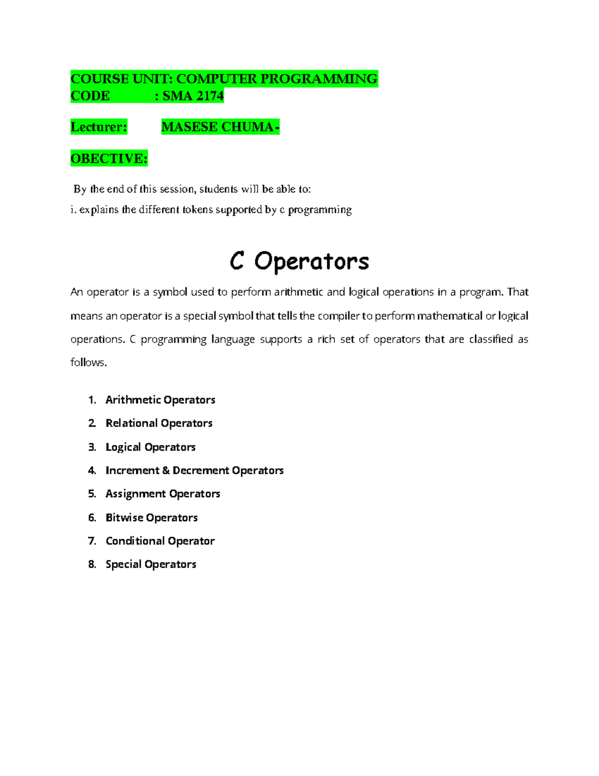 C operators Lecture 7 in programming - COURSE UNIT: COMPUTER ...
