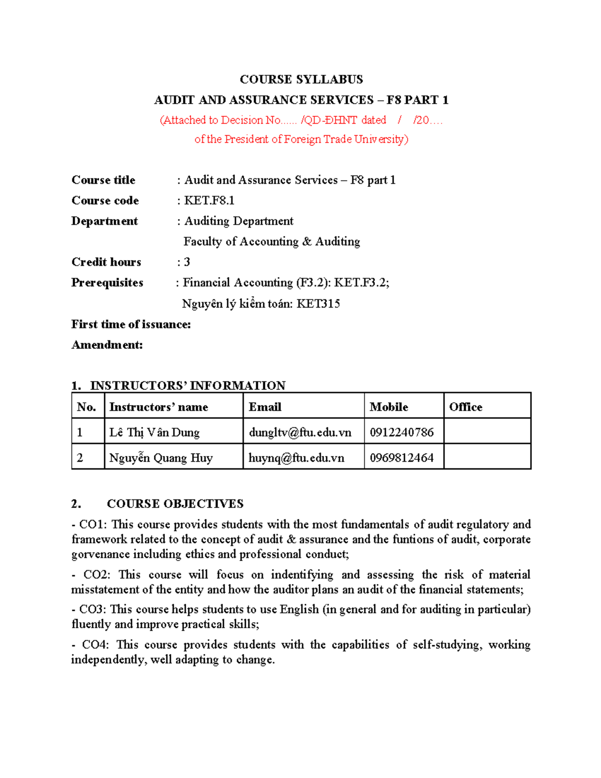 KET.F8.1 Syllabus 2023 - COURSE SYLLABUS AUDIT AND ASSURANCE SERVICES ...