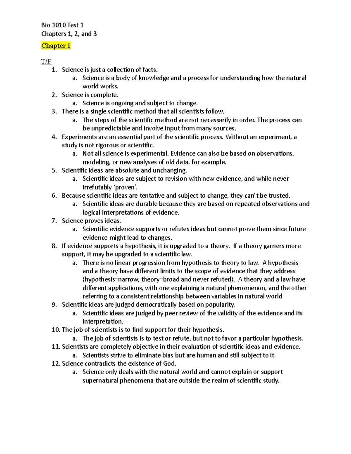 Test 1 Bio 1010 Study Material - Chapters 1, 2, and 3 Chapter 1 T/F 1 ...