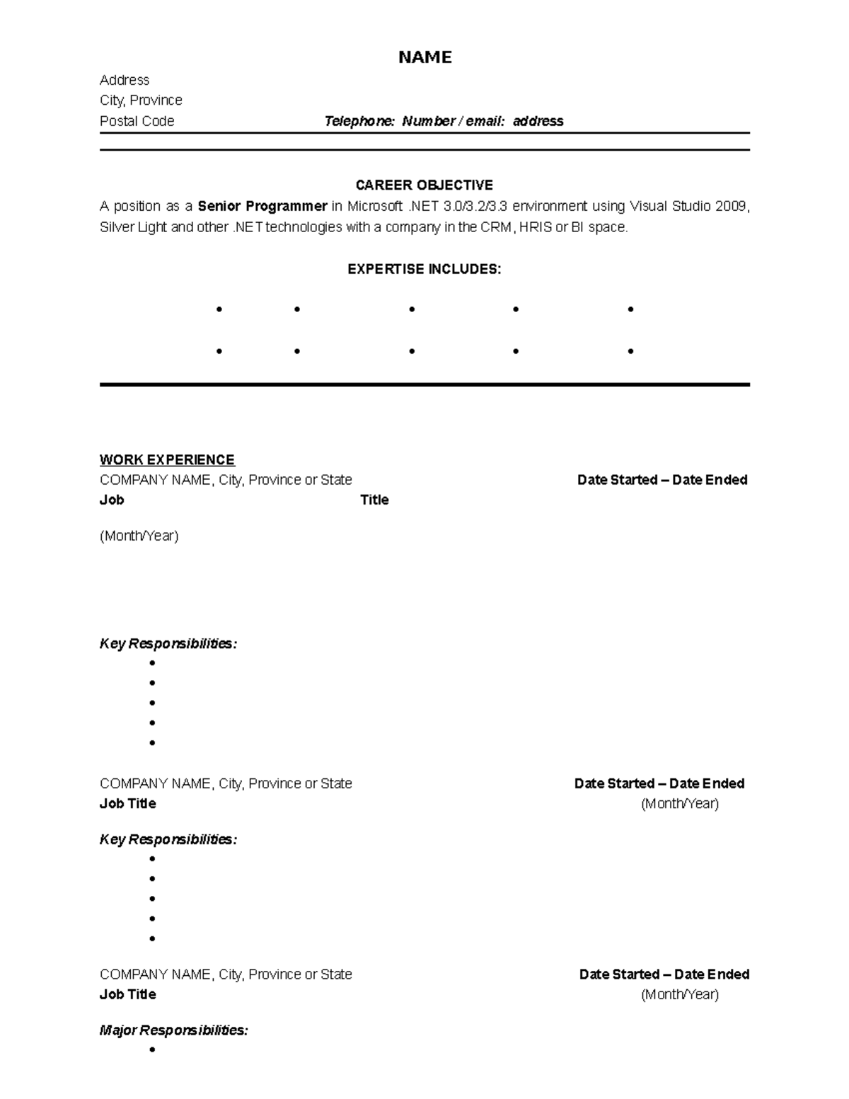 Management Resume Template Chronological - NAME Address City, Province ...