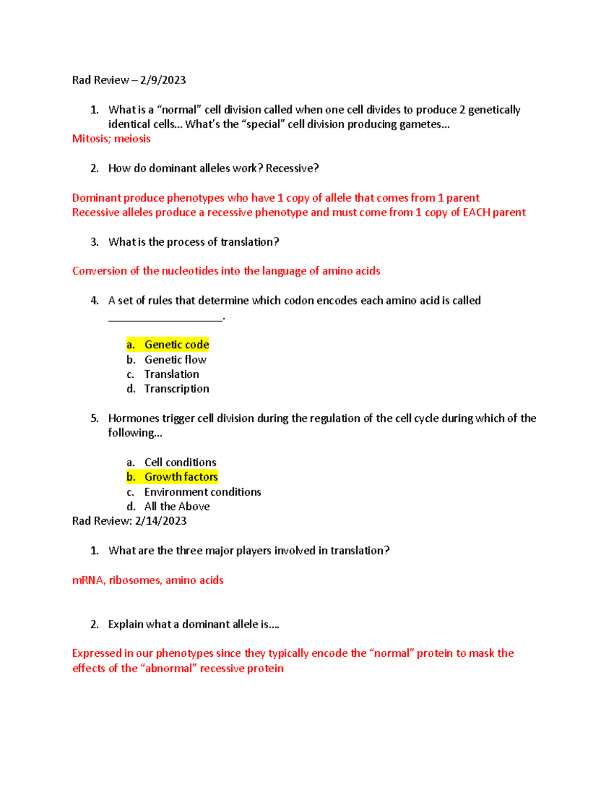 Rad Review KEY - Rad Review – 2/9/ What is a “normal” cell division ...