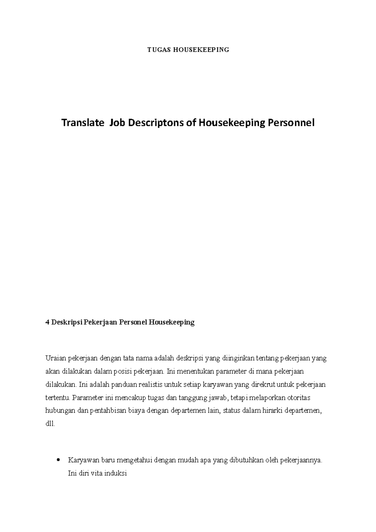 Makalah TUGAS HOUSEKEEPING Translate Job Descriptons of Housekeeping