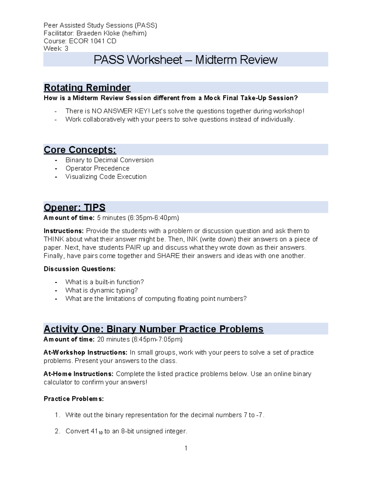 ECOR 1041 CD - Midterm Review - Facilitator: Braeden Kloke (he/him ...