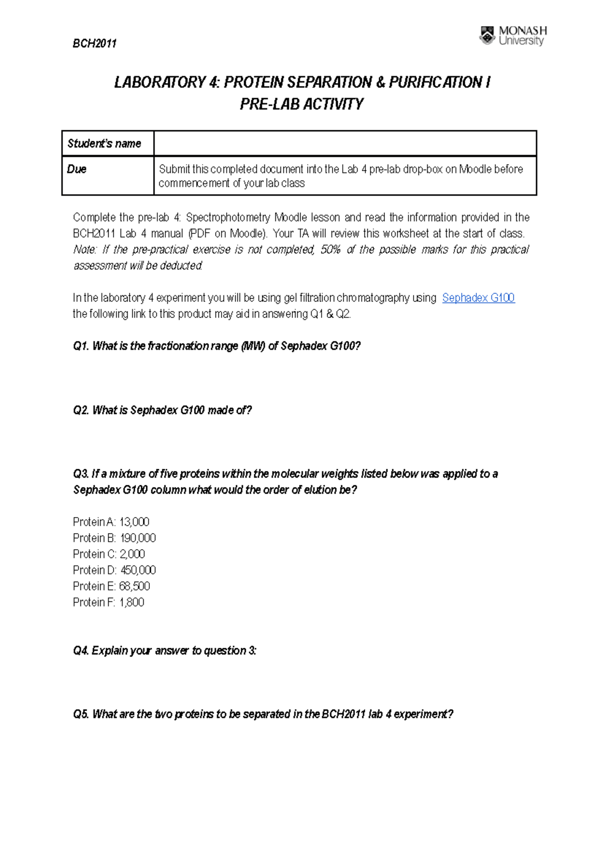 Lab 4 - Pre-lab activity - BCH LABORATORY 4: PROTEIN SEPARATION ...