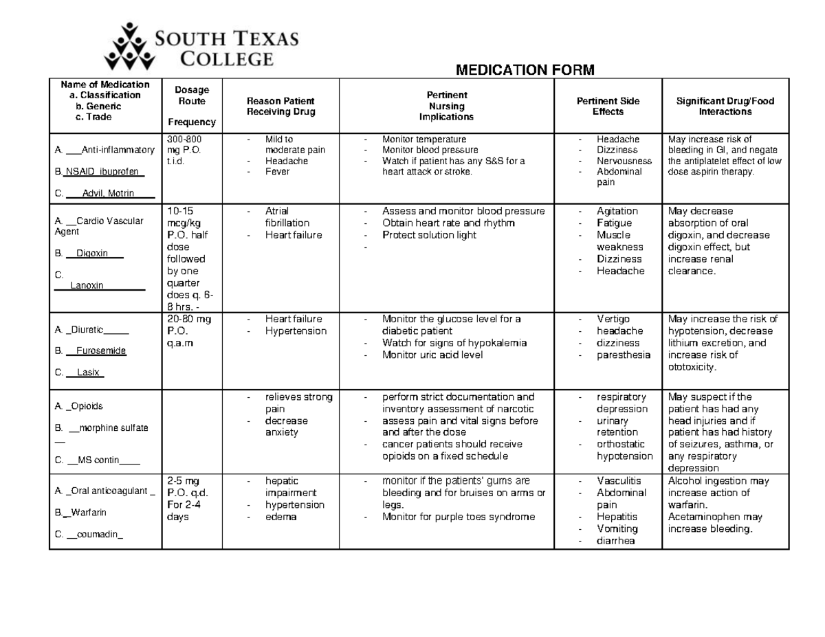 Medication form 1 - 2 for - ART 1316 - Baylor University - Studocu