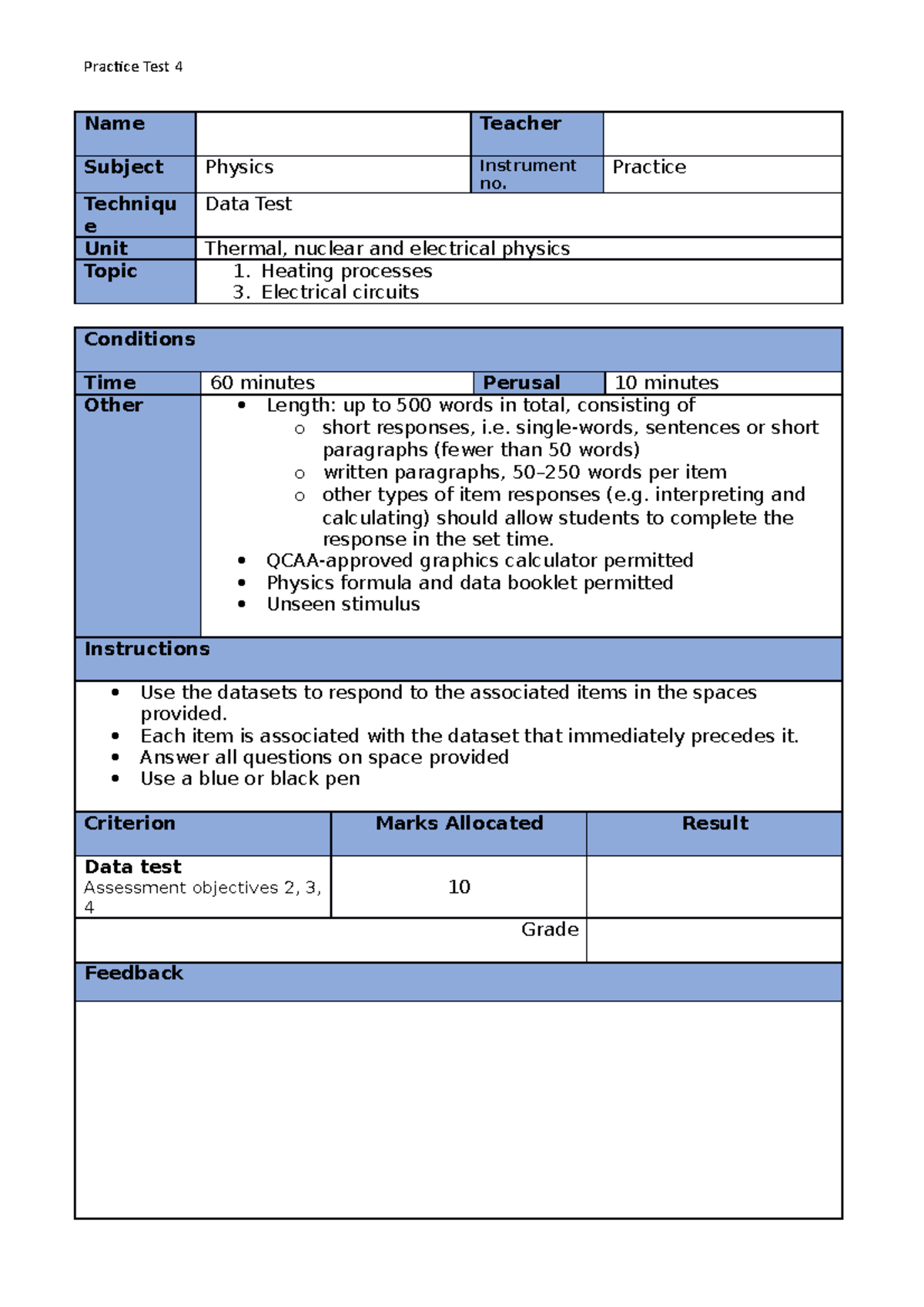 U1-FIA1 Data Test Practice 4 - Name Teacher Subject Physics Instrument ...