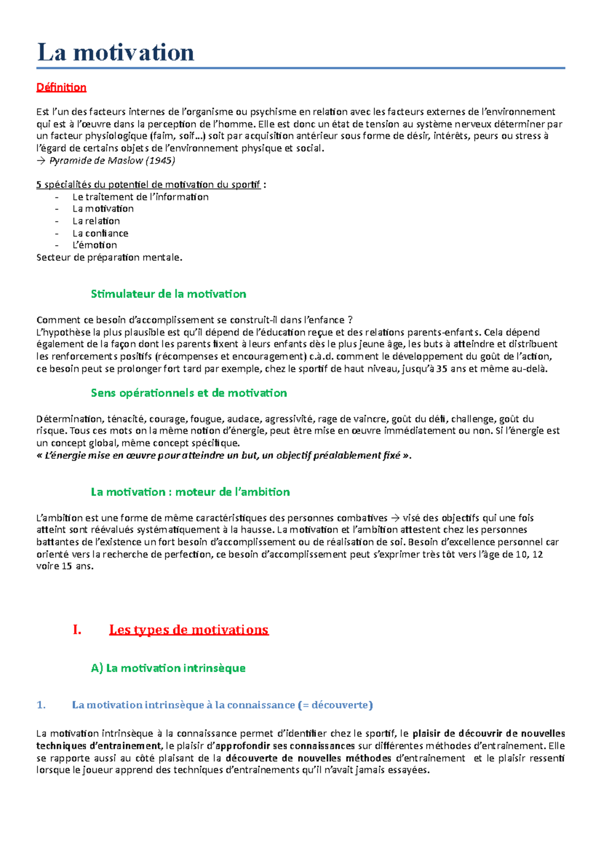 Td La Motivation Notes De Cours Et Remise Au Propre La Motivation