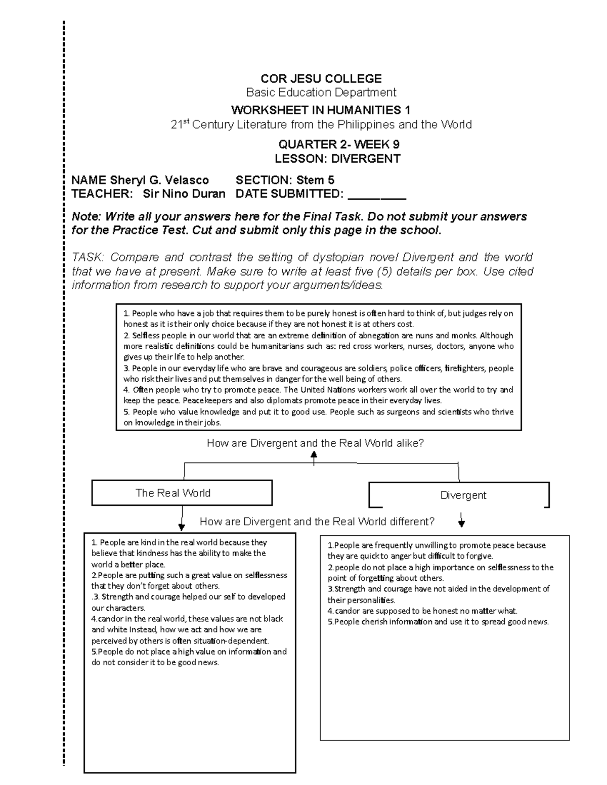 Week 9 Final Task WORKSHEET IN HUMANITIES 1 - COR JESU COLLEGE Basic ...