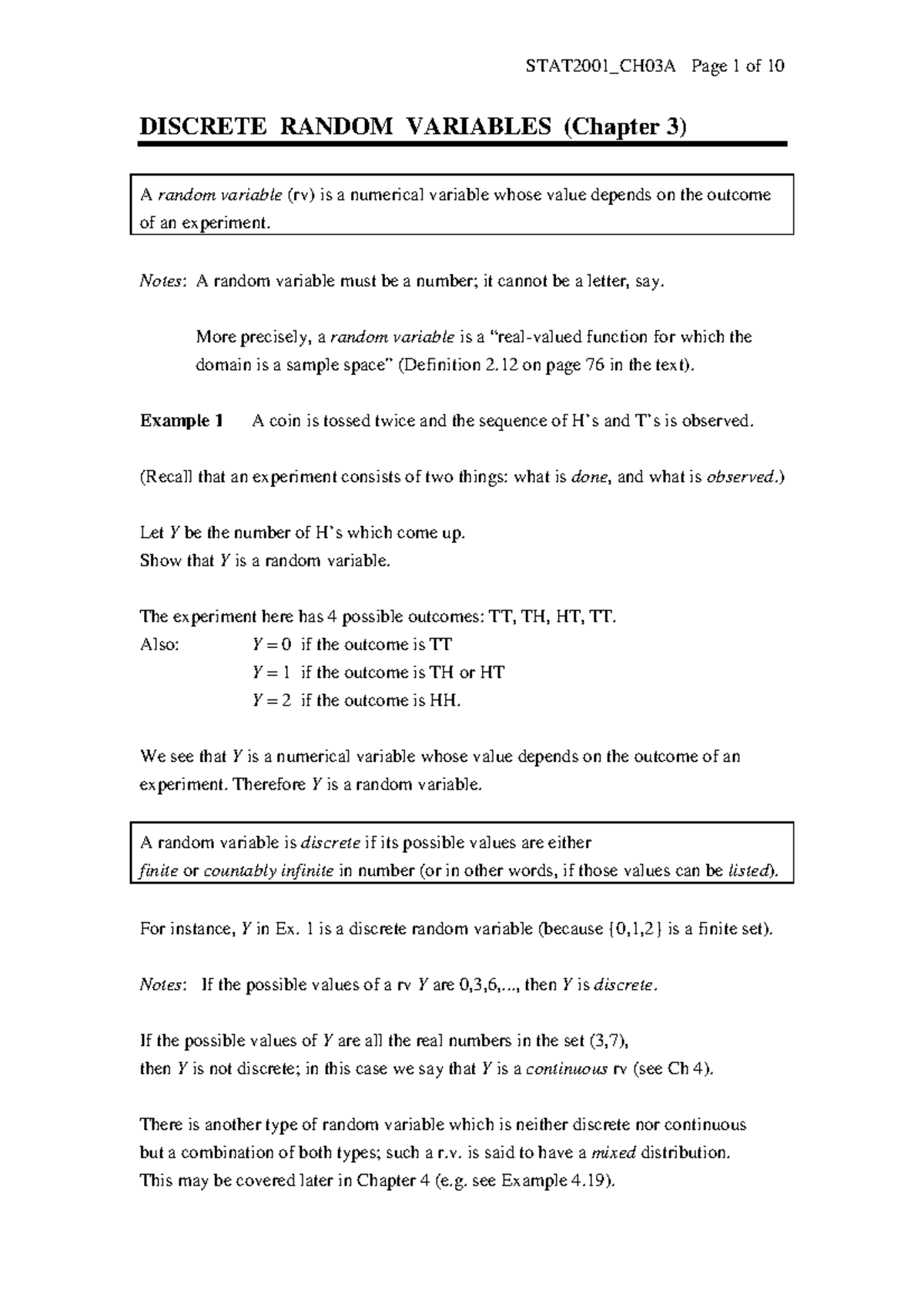 Lectures Ch 03A STAT2001 Random Variables - STAT2001 - ANU - Studocu