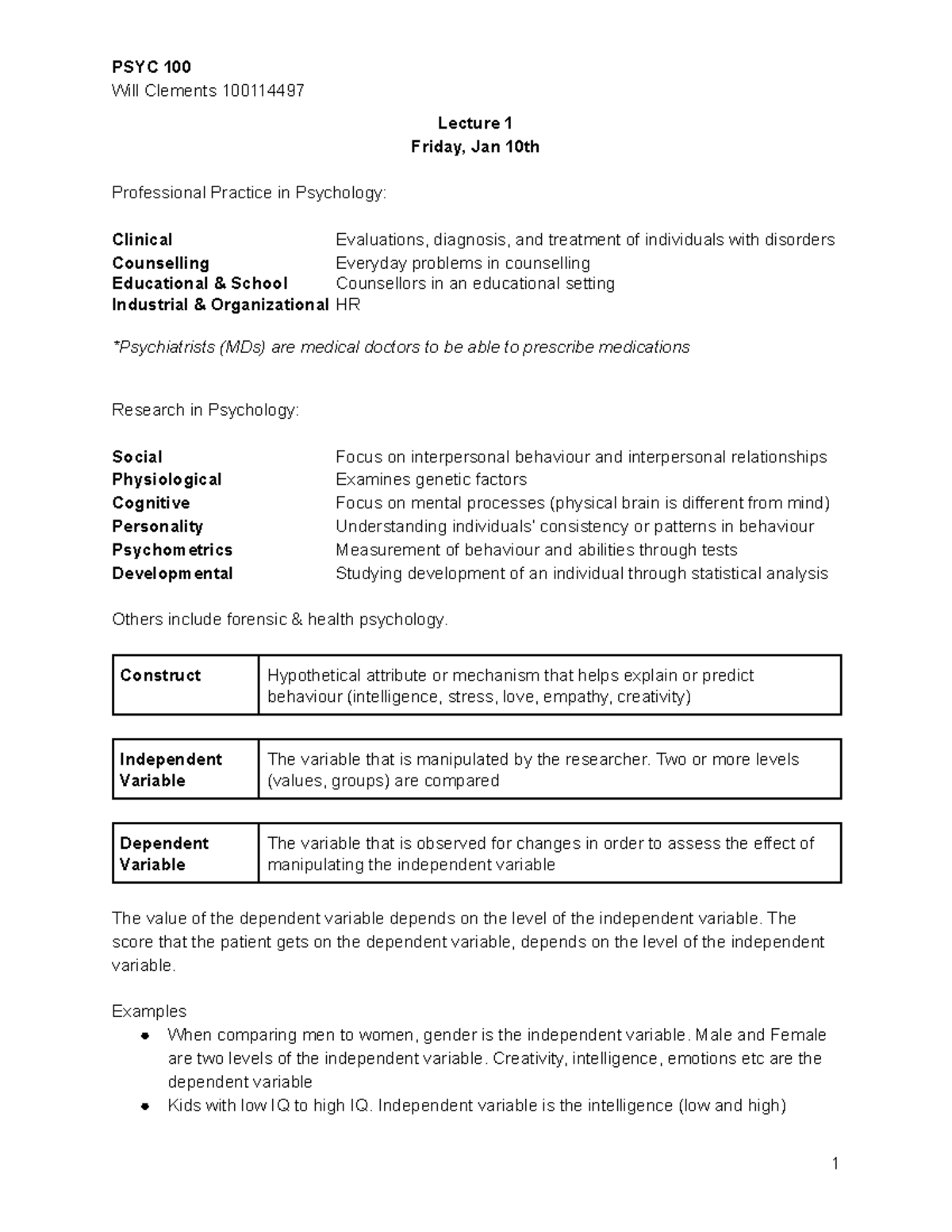 Psych 100 Notes - Will Clements 100114497 Lecture 1 Friday, Jan 10th ...
