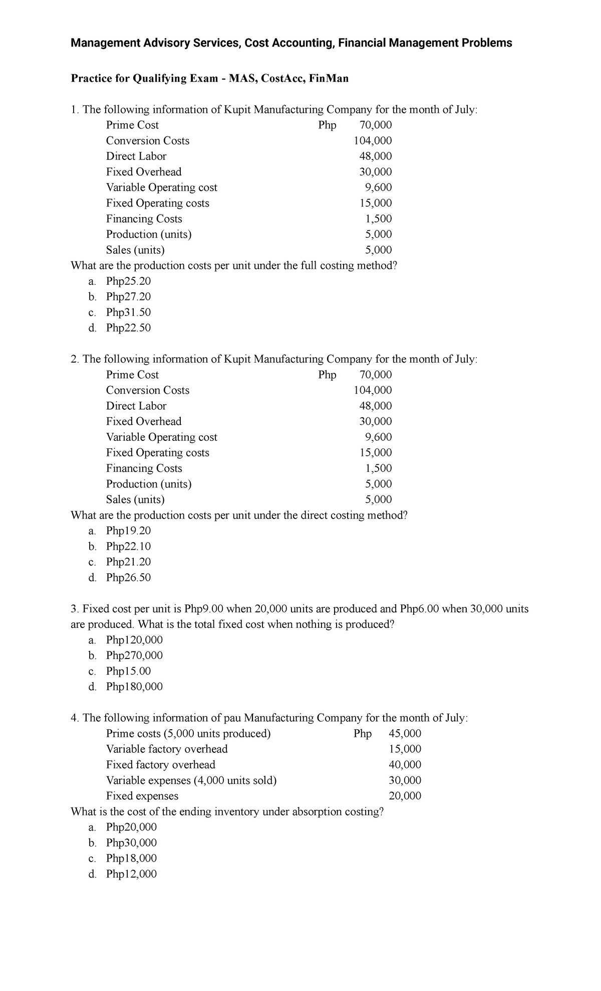 Practice Quali Exam (MAS, Cost Acc, Fin Man) - Practice for Qualifying ...