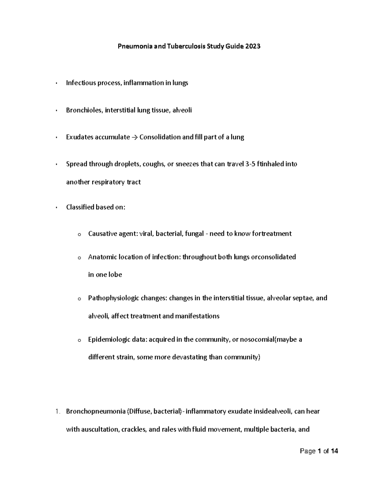 Pneumonia and Tuberculosis Study Guide 2023 - Bronchopneumonia (Diffuse ...