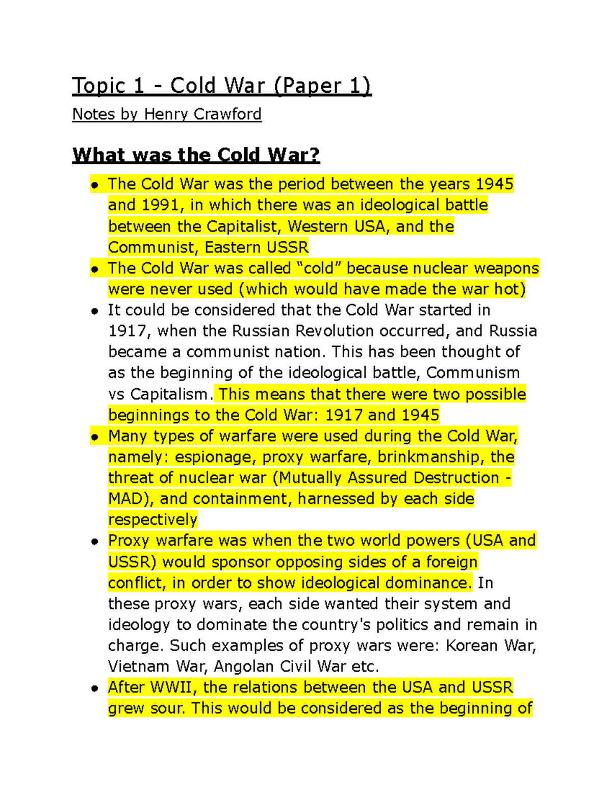 History Paper 1 Topic 1 Cold War Topic 1 Cold War (Paper 1) Notes