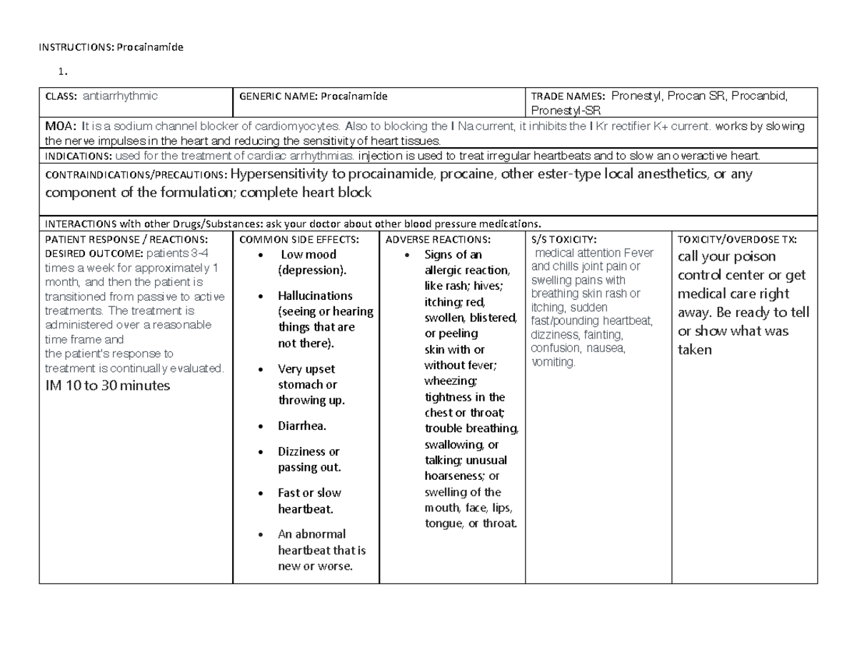 Med Card - Procan - INSTRUCTIONS: Procainamide CLASS: antiarrhythmic ...