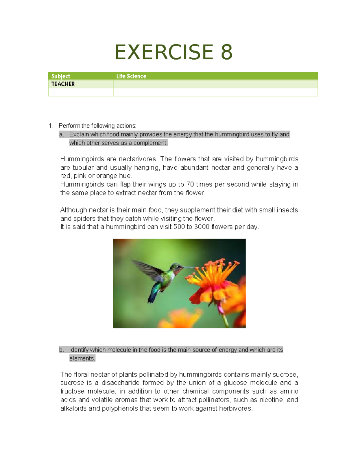 Activity 8 Life science - EXERCISE 8 Subject Life Science TEACHER 1 ...