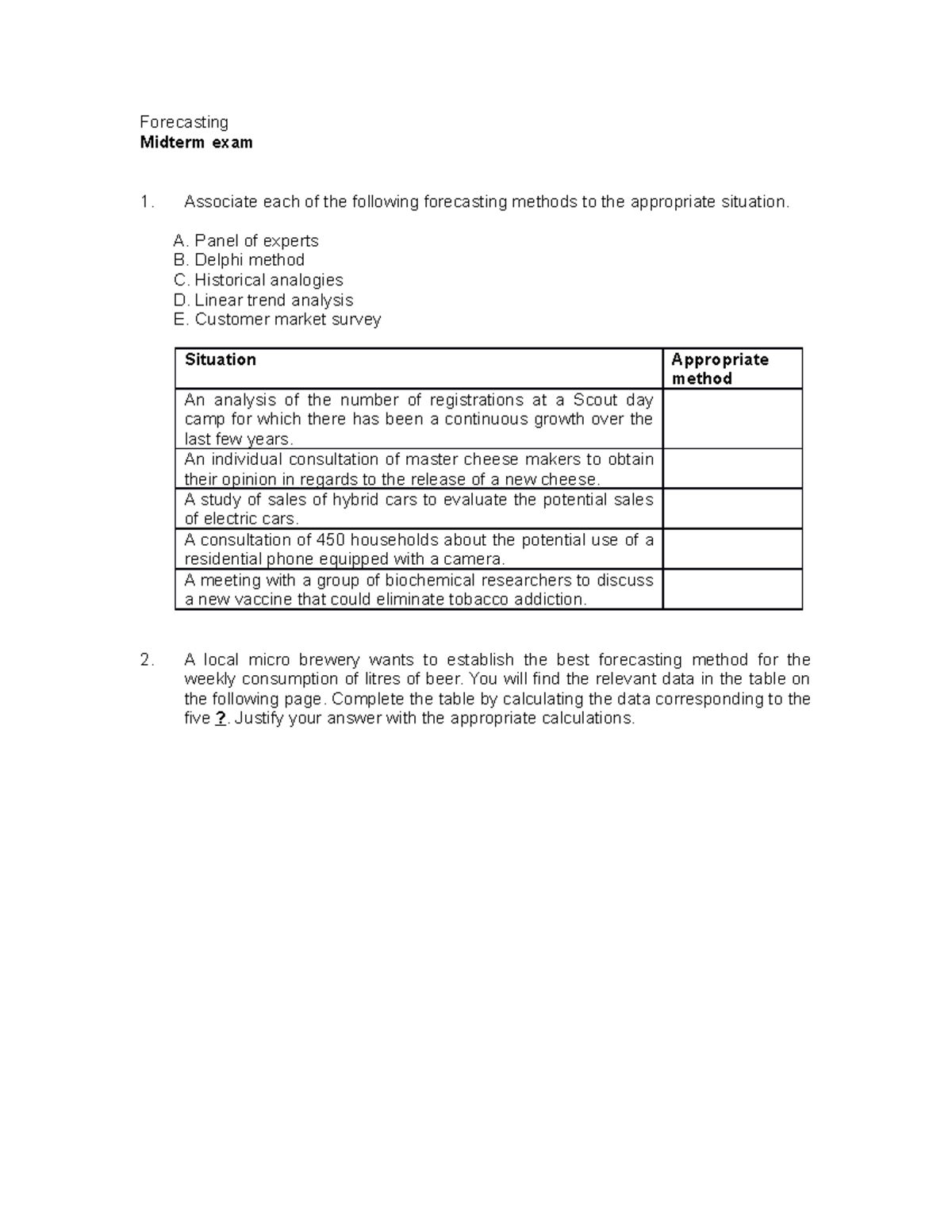 Forecasting - Exercise - Forecasting Midterm exam Associate each of the ...