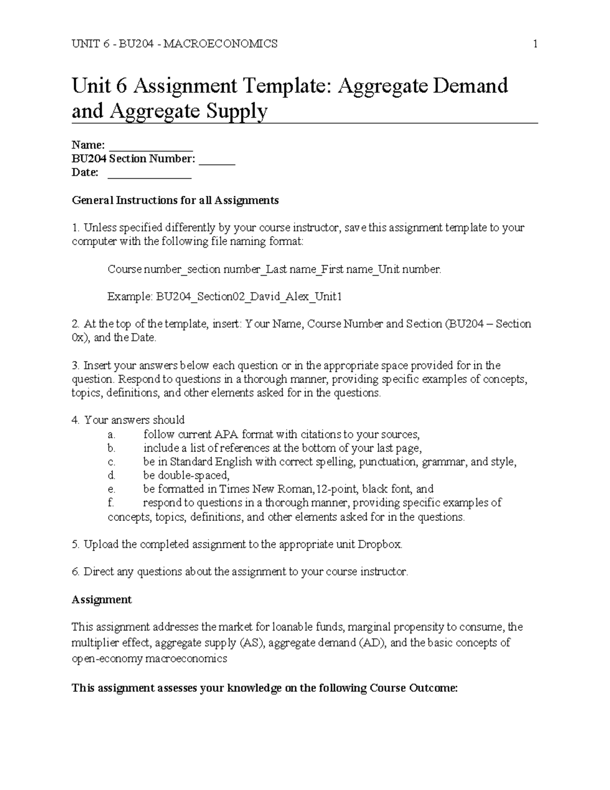 BU204 Unit6 Assignment Template - Unit 6 Assignment Template: Aggregate ...