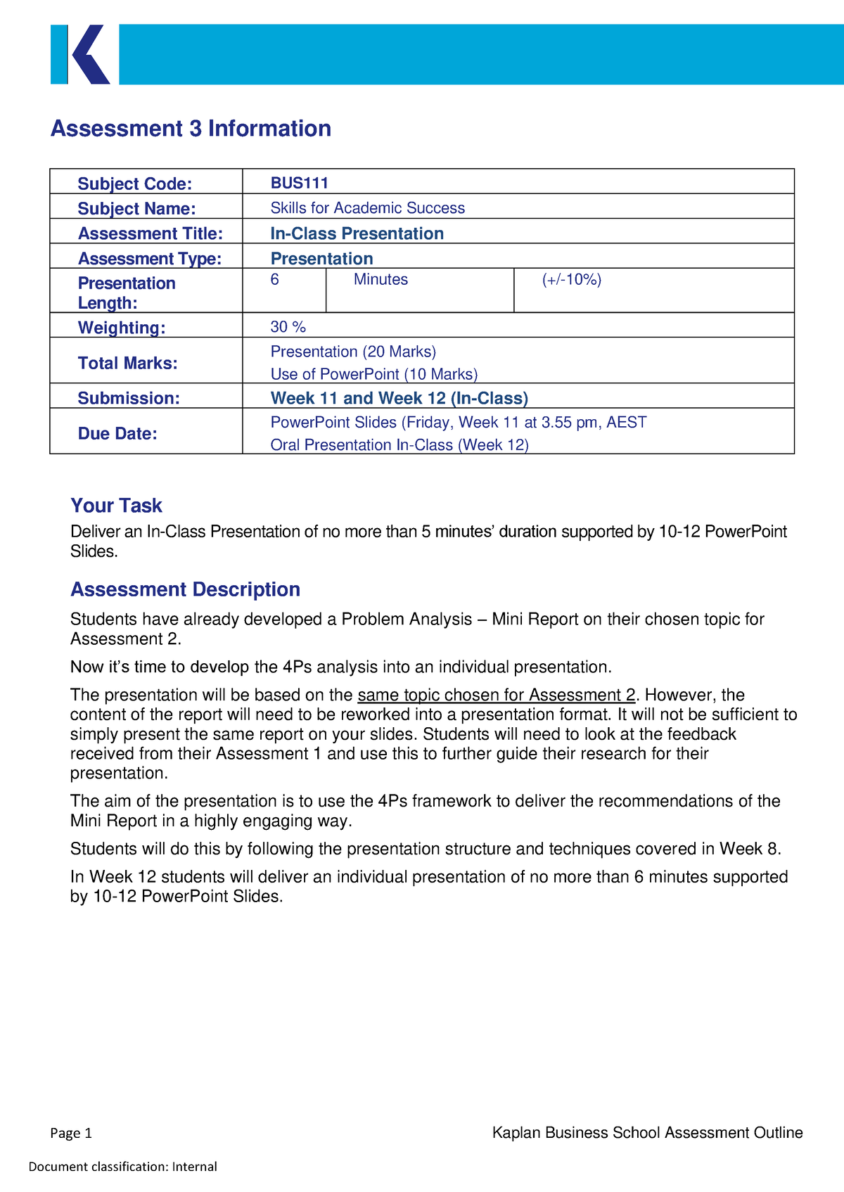 BUS111 Assessment 3 Outline T1 2023 - Page 1 Kaplan Business School ...